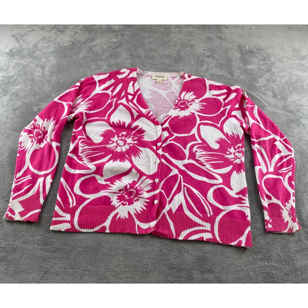 St Johns Bay Womens Pink White Floral Button Front V-Neck Cardigan Sweater Large
